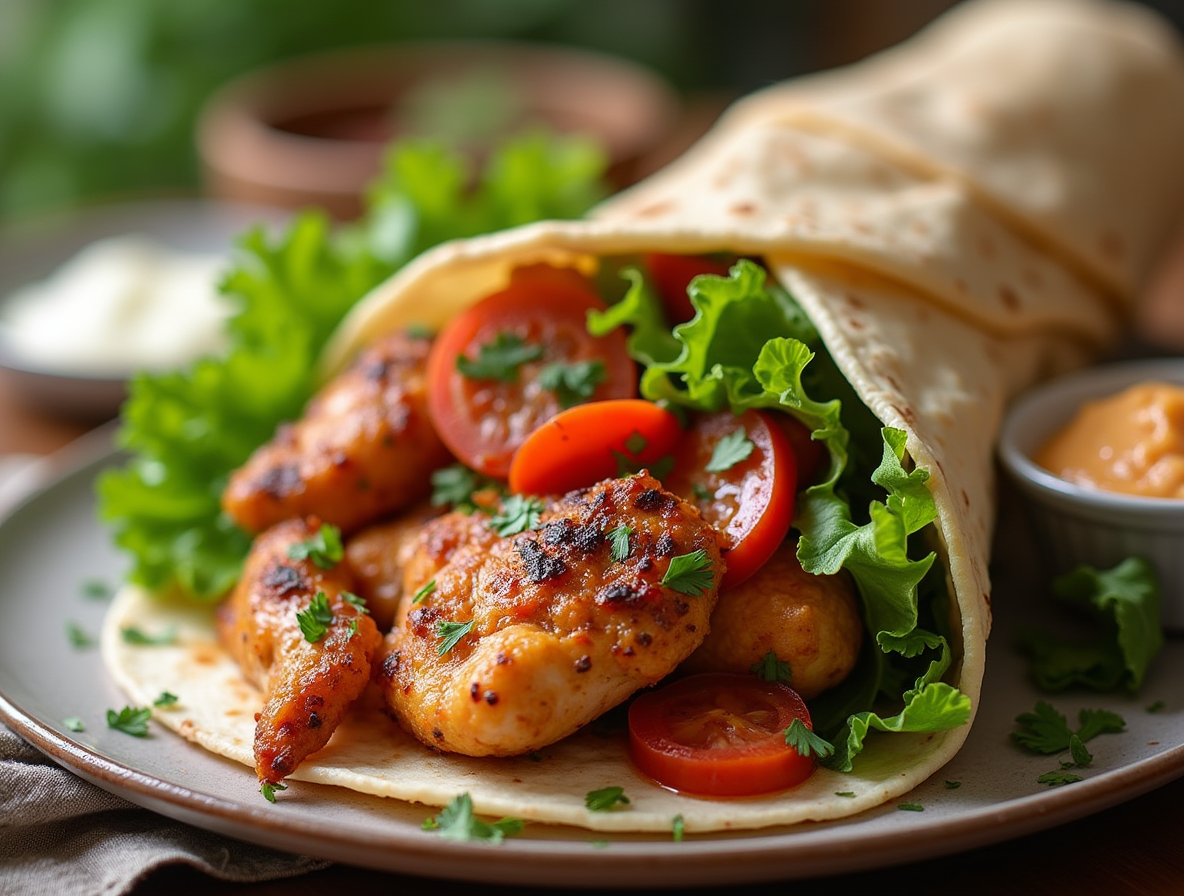 A close-up of a freshly made rotisserie chicken wrap, with tender chicken pieces, crisp lettuce, diced tomatoes, and melted cheese, all wrapped in a warm tortilla, placed on a wooden cutting board with herbs and spices scattered around.