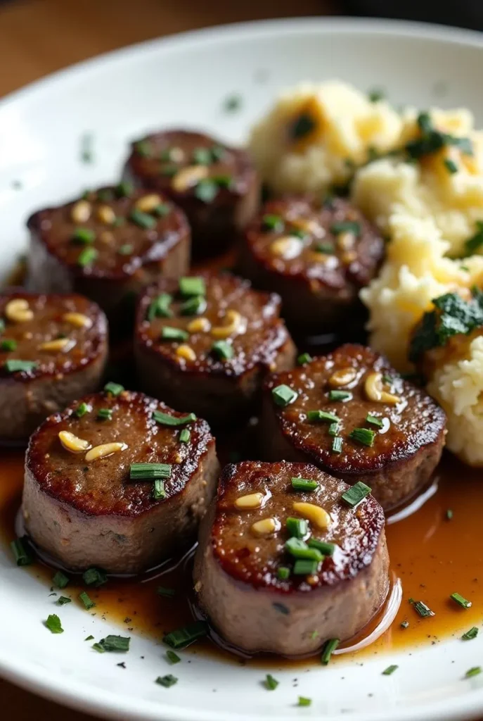 Garlic Butter Steak Bites and Mash - Tender steak bites in a rich garlic butter sauce served over creamy mashed potatoes, garnished with fresh parsley.