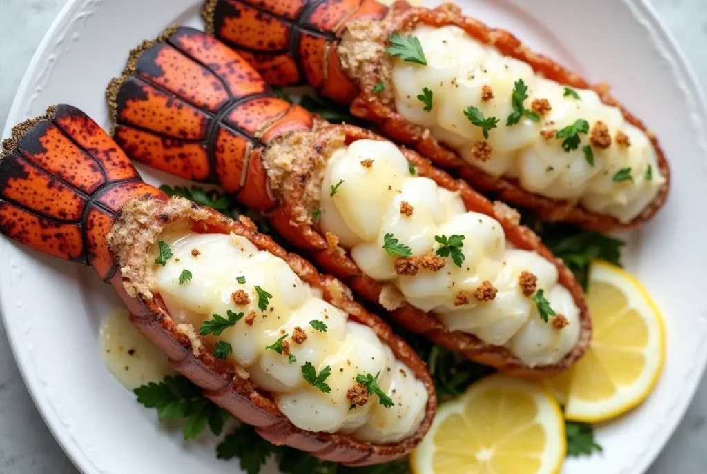 Baked lobster tails with garlic butter sauce, garnished with parsley.