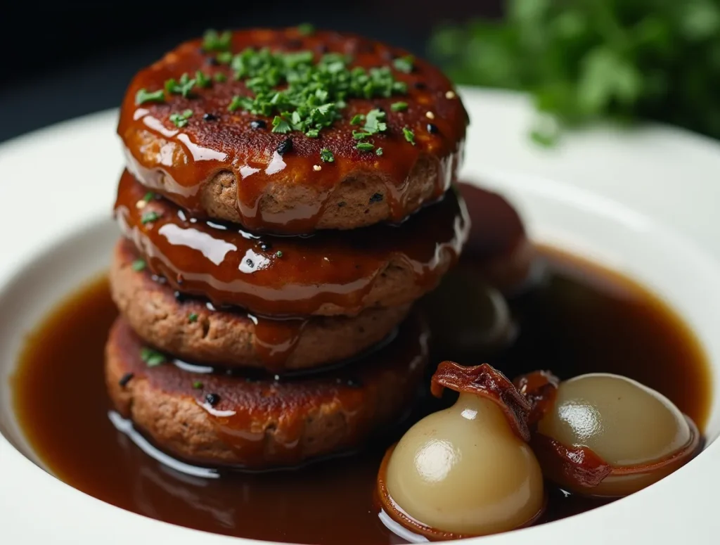 Bobby Flay’s Salisbury steak with rich mushroom gravy, served alongside creamy mashed potatoes and garnished with fresh parsley.