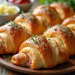 Golden flaky baked ham and cheese croissants with melted cheese on a baking sheet, fresh from the oven