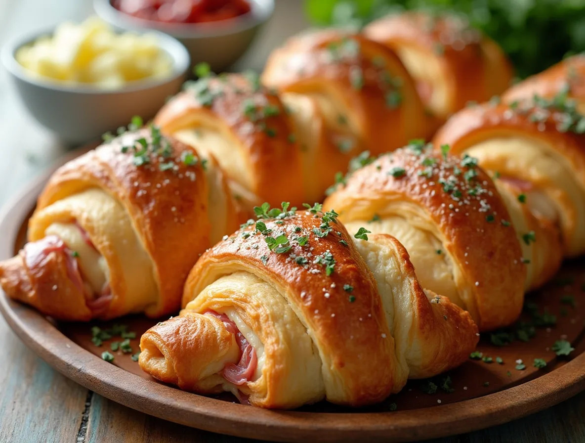 Golden flaky baked ham and cheese croissants with melted cheese on a baking sheet, fresh from the oven