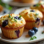 Golden blueberry cottage cheese muffins with fresh blueberries and cracked tops on a rustic wooden tray