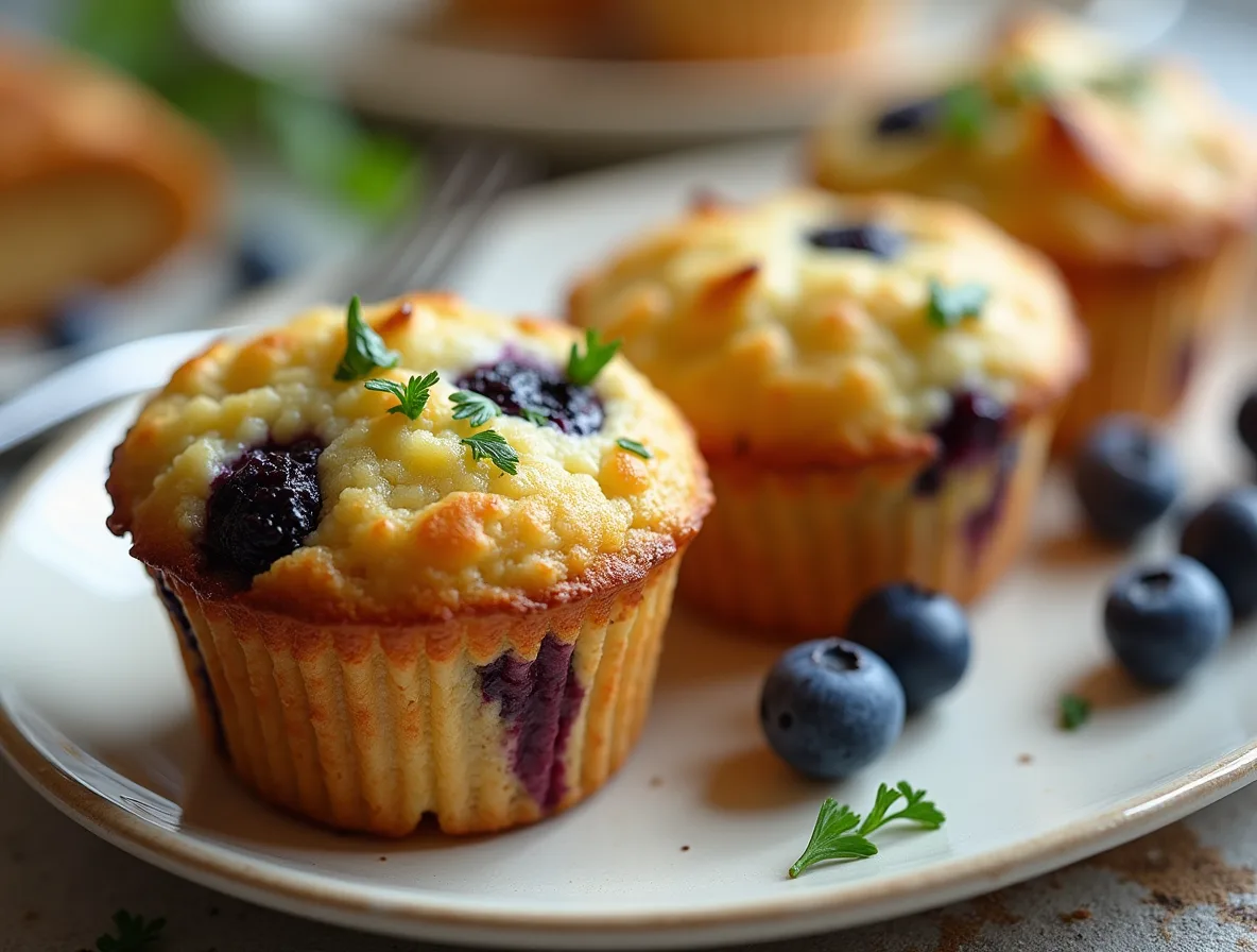 Golden blueberry cottage cheese muffins with fresh blueberries and cracked tops on a rustic wooden tray