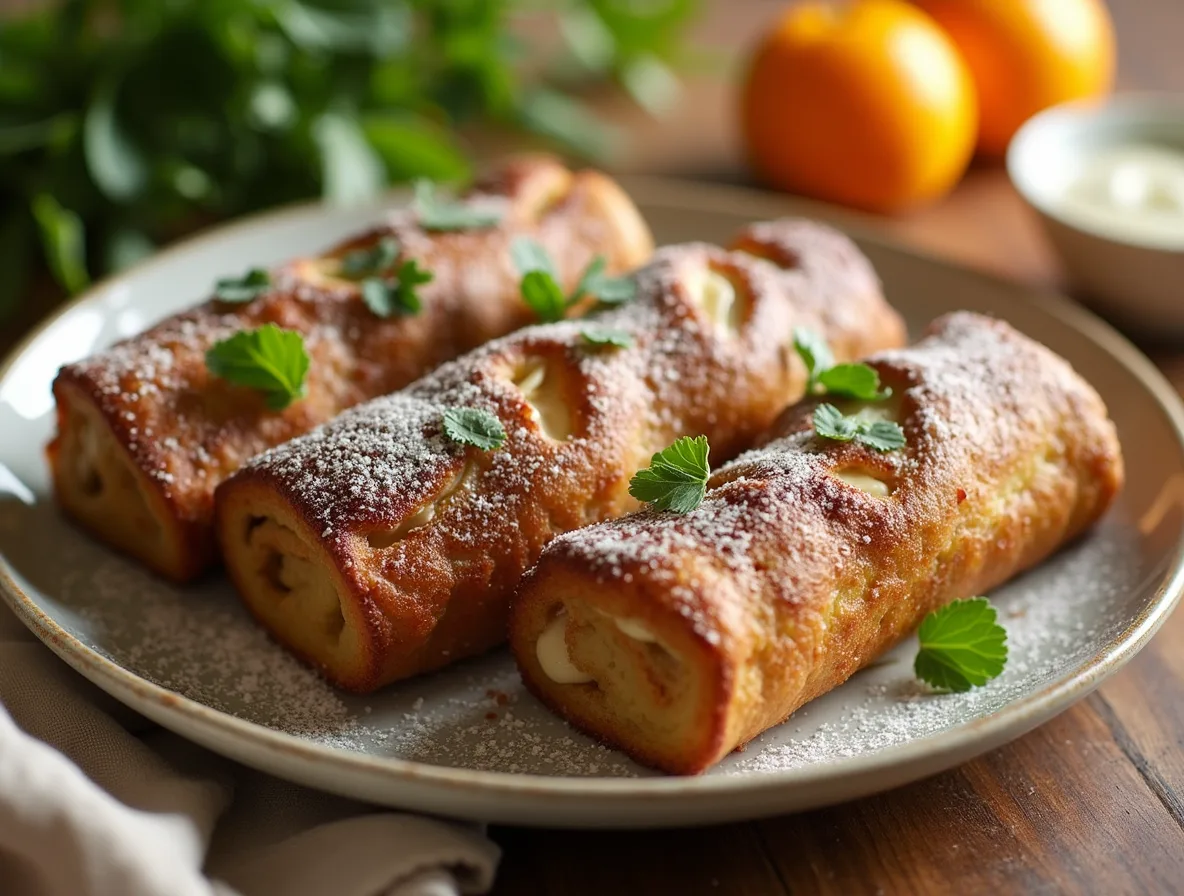 Close-up of golden cinnamon roll French toast roll-ups drizzled with cream cheese glaze, served on a white plate with fresh berries and syrup.