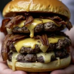 A close-up of a juicy Double Bacon Cheeseburger with melted cheddar cheese, crispy bacon, and fresh lettuce on a toasted brioche bun, served with golden fries.