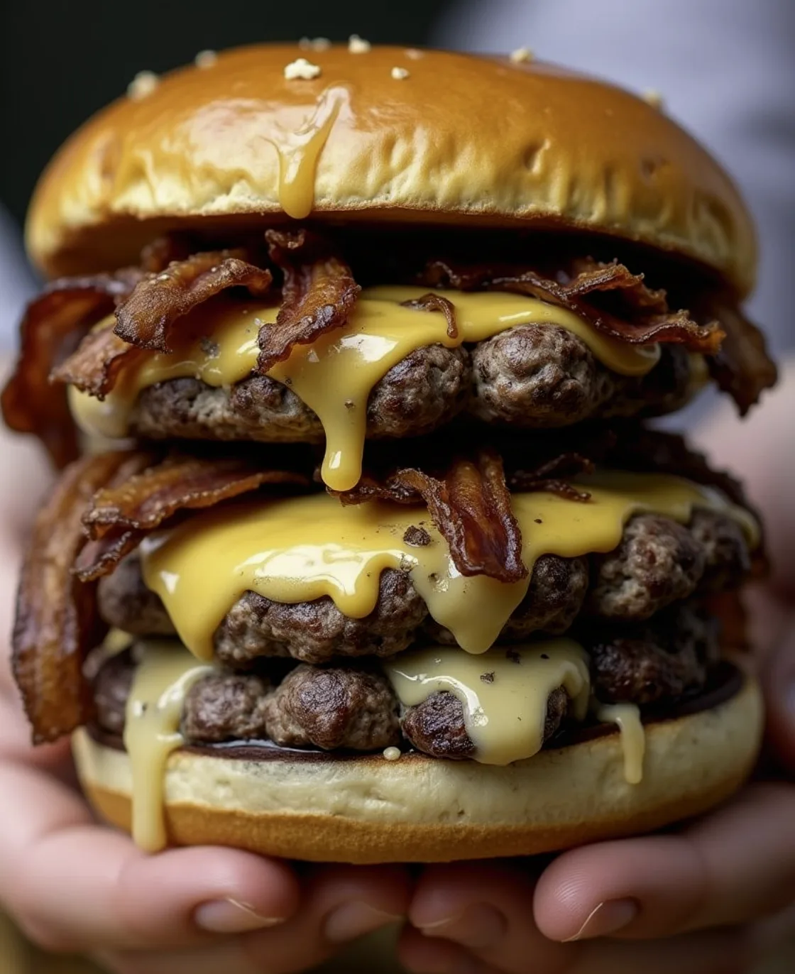 A close-up of a juicy Double Bacon Cheeseburger with melted cheddar cheese, crispy bacon, and fresh lettuce on a toasted brioche bun, served with golden fries.