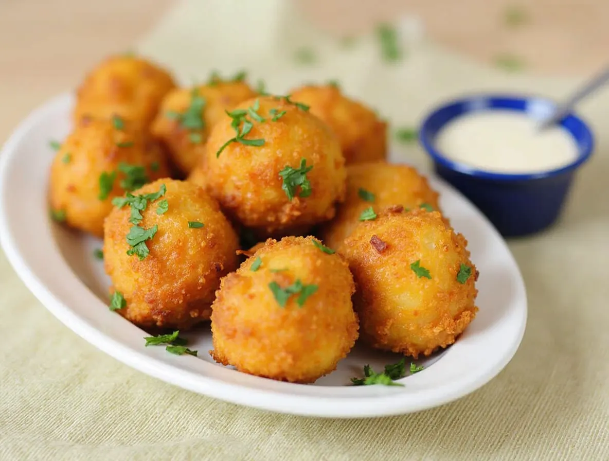 Golden-brown fried cheese bites with crispy coating and oozing melted cheese on a white plate, ready to dip.