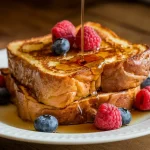 Golden caramelized Hawaiian Roll French Toast drizzled with maple syrup and fresh berries on a white plate.