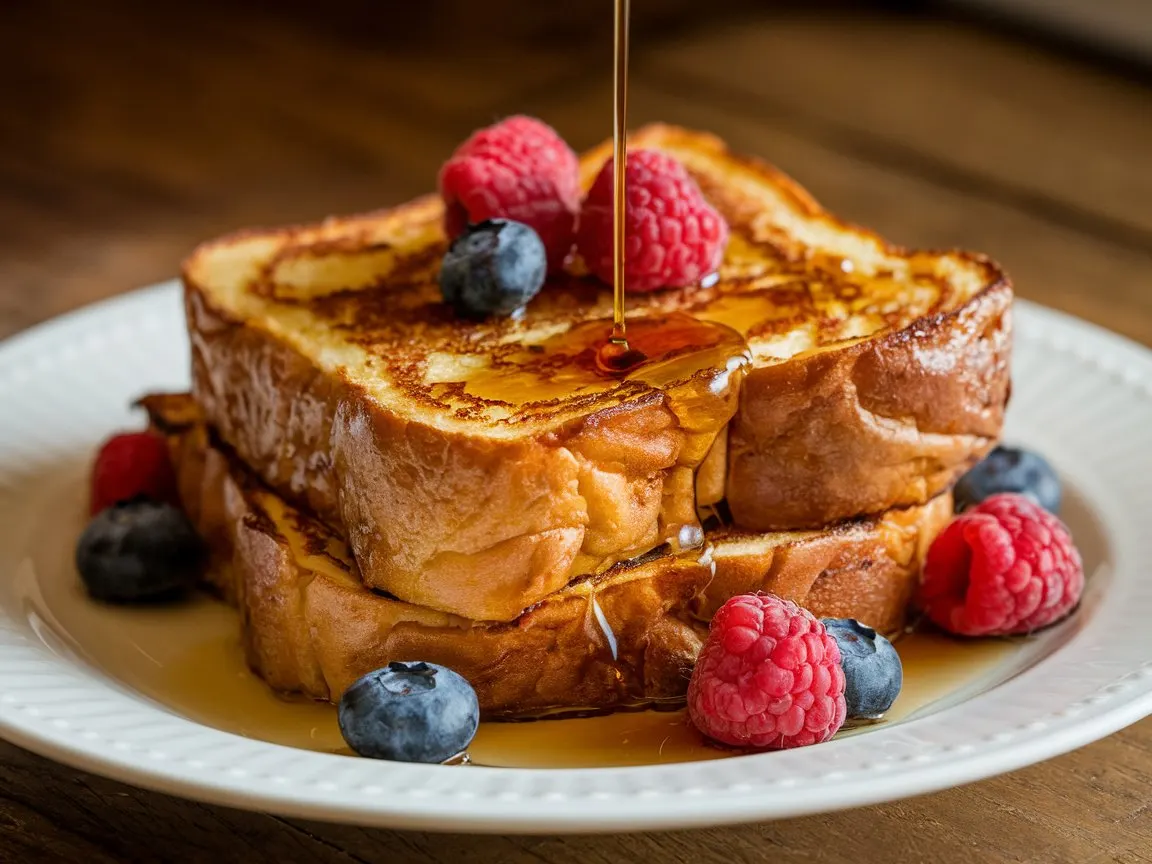 Golden caramelized Hawaiian Roll French Toast drizzled with maple syrup and fresh berries on a white plate.