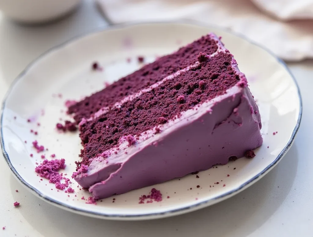 "Slice of moist Purple Velvet Cake with cream cheese frosting and edible glitter, showcasing vibrant purple layers on a marble countertop."