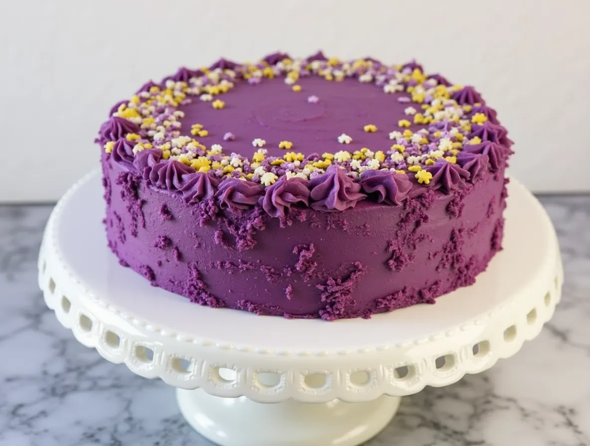 "Slice of moist Purple Velvet Cake with cream cheese frosting and edible glitter, showcasing vibrant purple layers on a marble countertop."