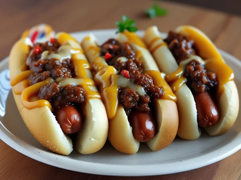 Chili Cheese Dogs with chili, melted cheese, and toppings like jalapeños, onions, and crushed Fritos on a toasted bun