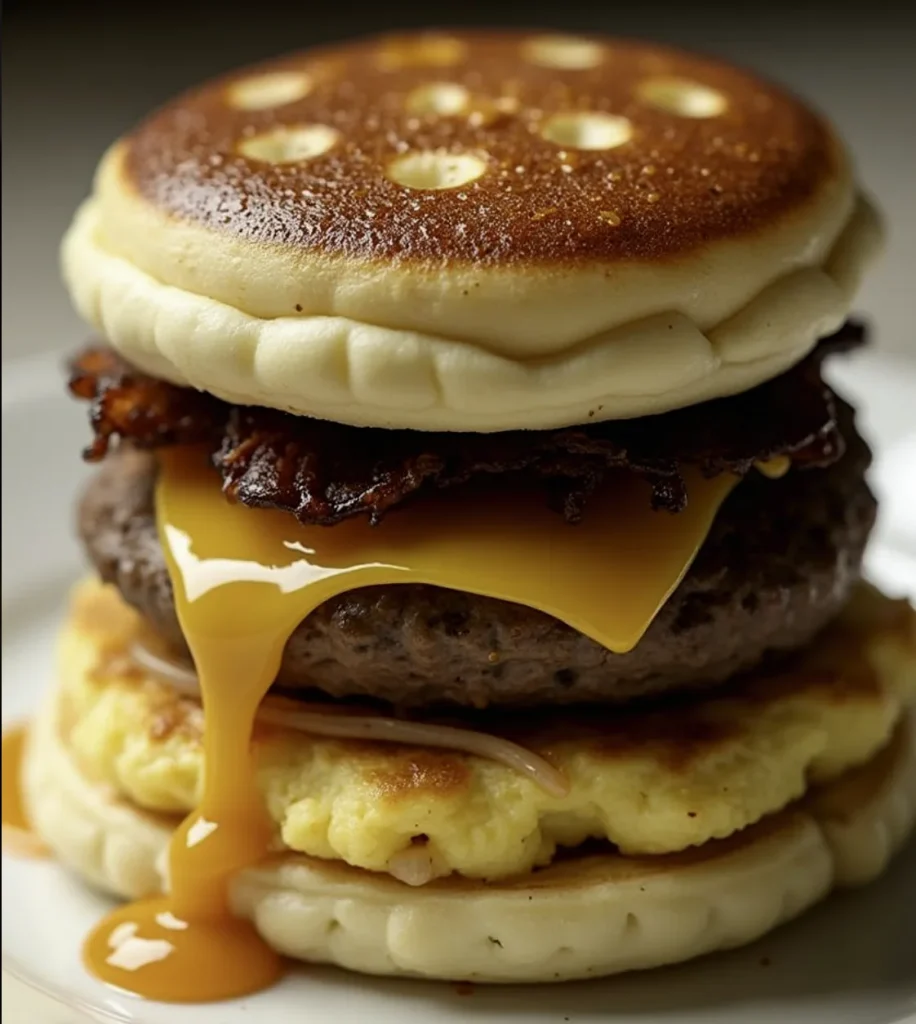 Homemade McGriddle Breakfast Sandwiches with syrup-infused pancakes, sausage, egg, and melted cheese on a white plate