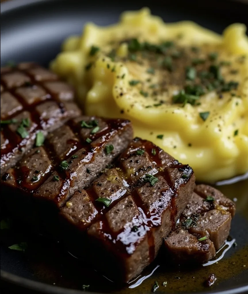 Garlic Butter Steak Bites and Mash with seared steak, creamy potatoes, and garlic butter sauce on a rustic plate