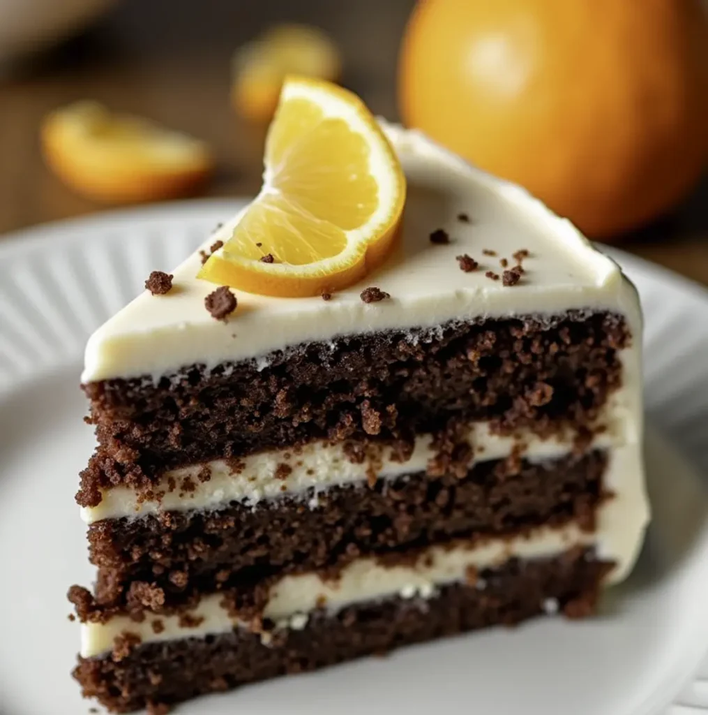 Orange and Chocolate Cake with ganache drizzle, candied orange slices, and cocoa powder dusting
