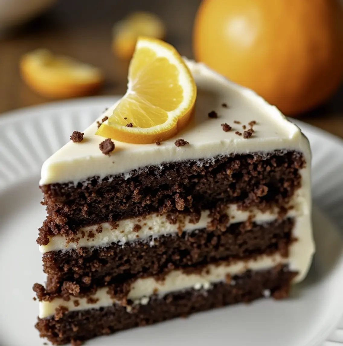 Orange and Chocolate Cake with ganache drizzle, candied orange slices, and cocoa powder dusting