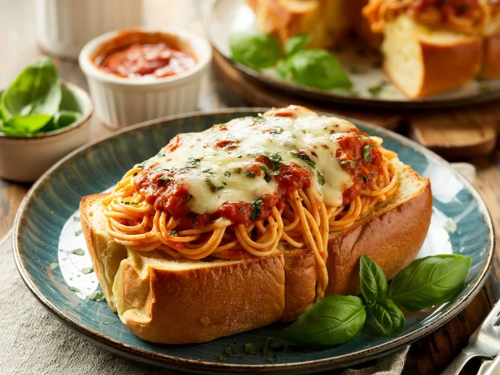 Spaghetti Stuffed Garlic Bread with melted cheese, marinara sauce, and herbs on a rustic baking sheet