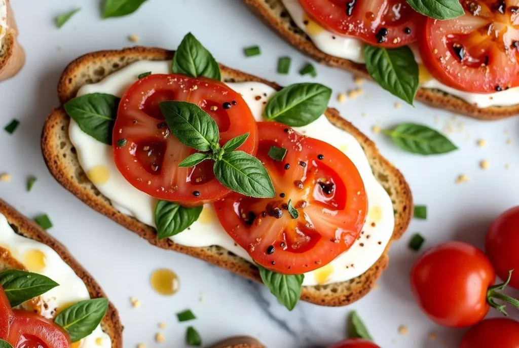 Tomato Basil Mozzarella Toast with ripe tomatoes, fresh basil, and melty mozzarella on toasted sourdough