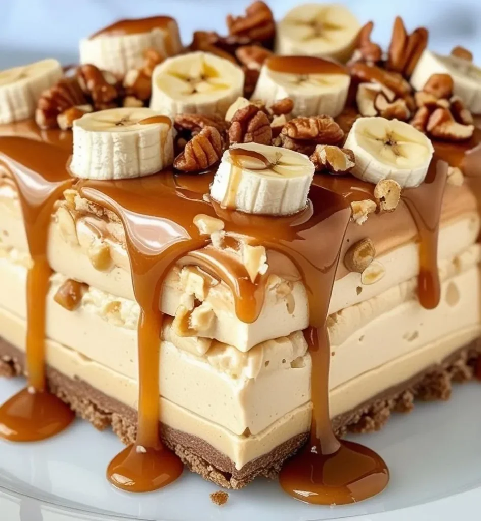 Slice of creamy banana caramel nut cheesecake topped with caramel drizzle and chopped toasted nuts on a white plate