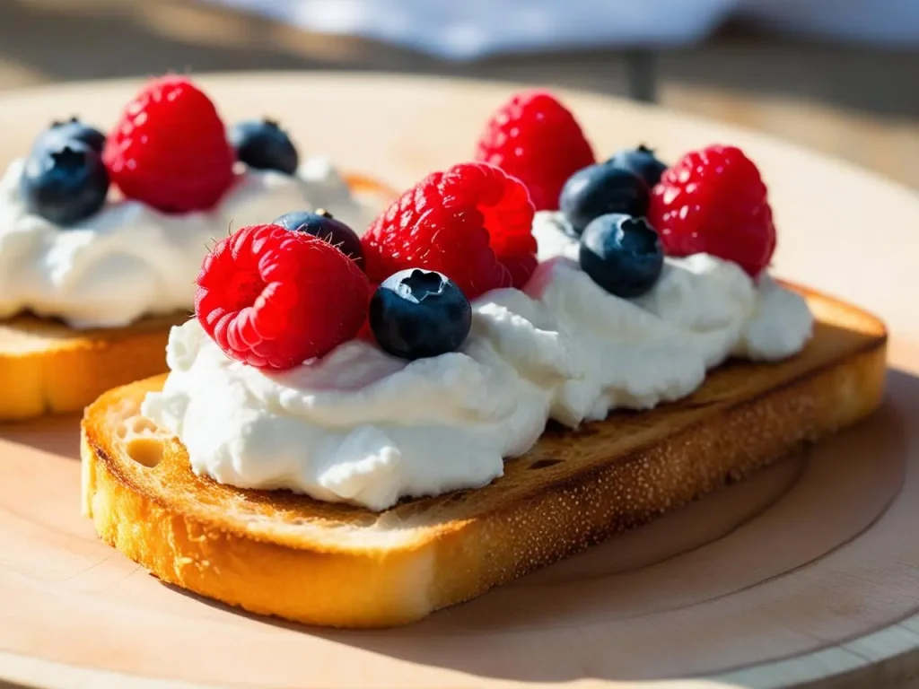 Berry Ricotta Toast with fresh strawberries, blueberries, and raspberries on golden sourdough, topped with creamy ricotta and honey drizzle.