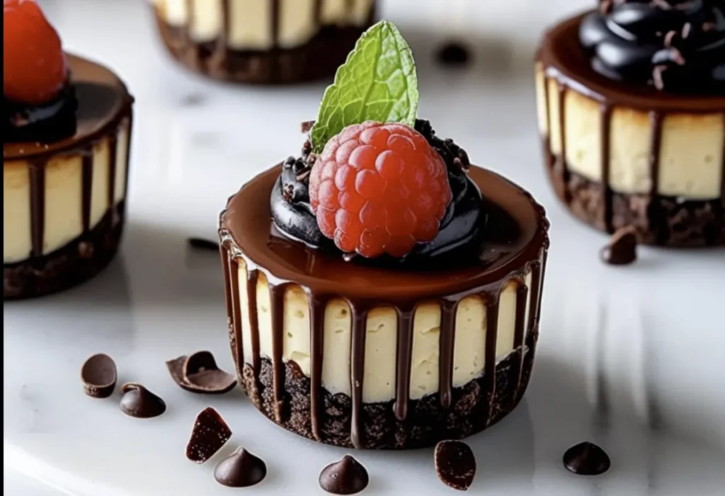 Twelve brownie bottom mini cheesecakes in a muffin tin, each topped with a smooth cheesecake layer and a dusting of cocoa powder