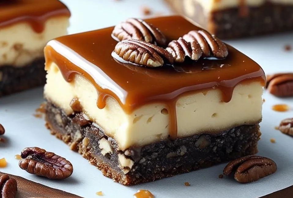 A slice of creamy caramel pecan turtle cheesecake topped with caramel drizzle, chopped pecans, and chocolate ganache on a white plate.
