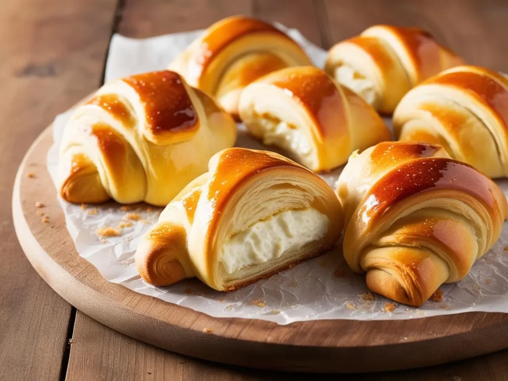 Golden-brown Cheesecake Crescent Rolls with creamy filling on a white plate, topped with powdered sugar.