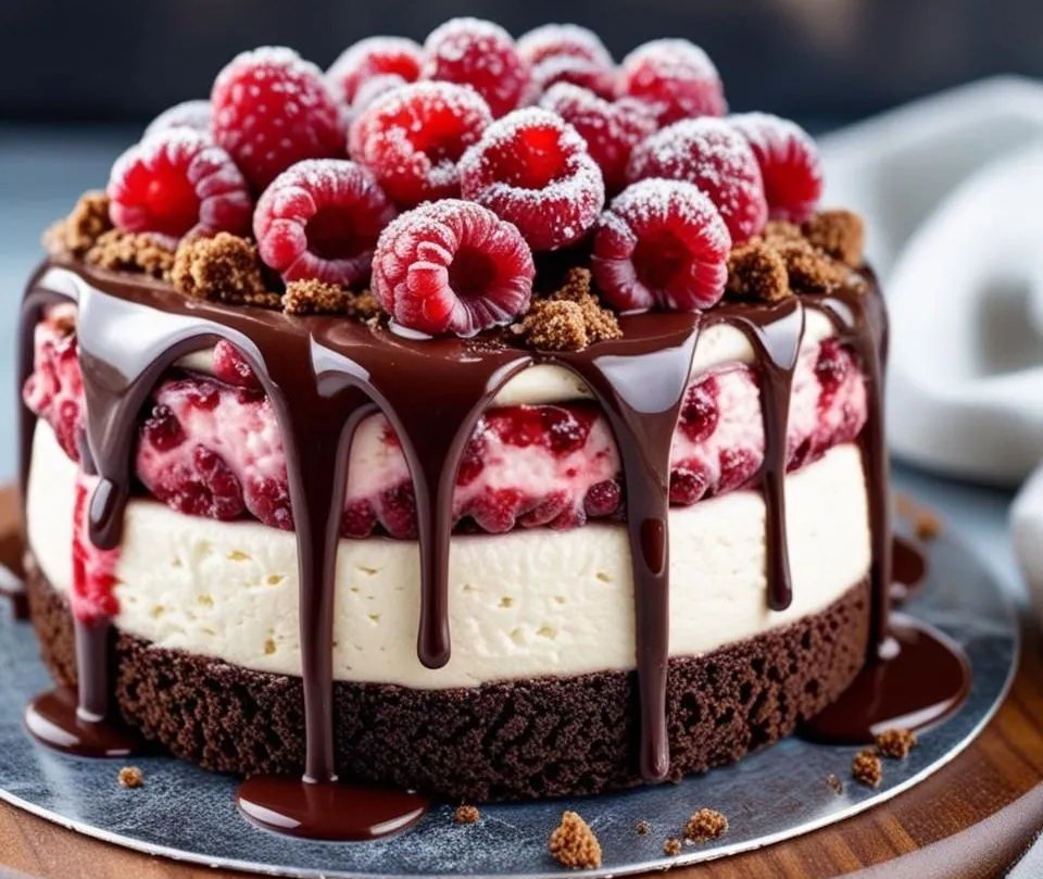 A slice of Chocolate Raspberry Cheesecake crumb cake showing chocolate cake layers, a creamy cheesecake swirl, bright raspberry ribbons, and a golden crumb topping