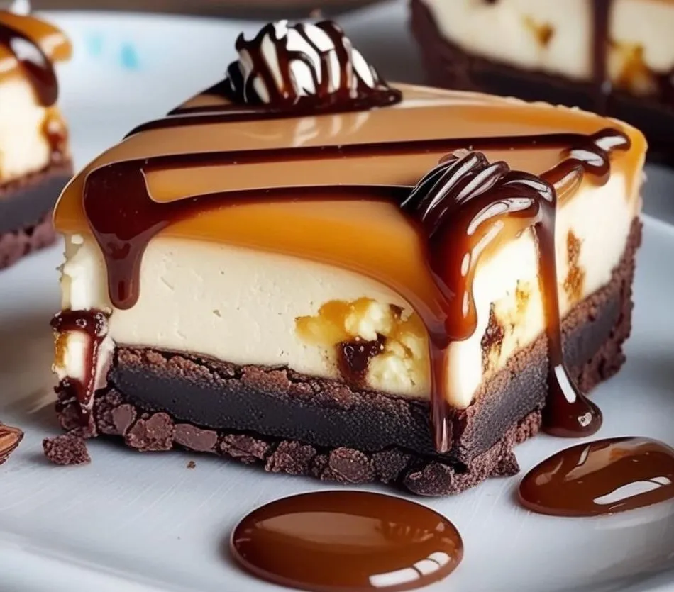 Slice of caramel brownie cheesecake topped with caramel sauce and pecans on a dessert plate.