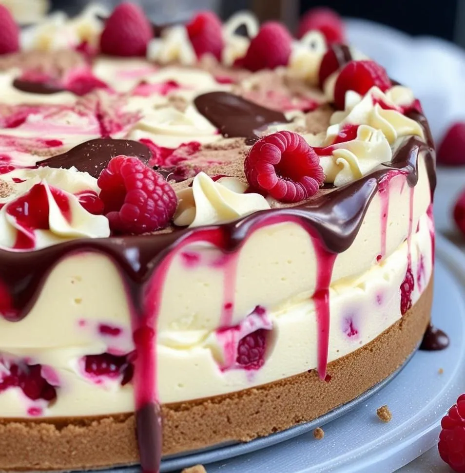 Chocolate and Raspberry Cheesecake with creamy chocolate swirls and fresh raspberry topping on a white plate