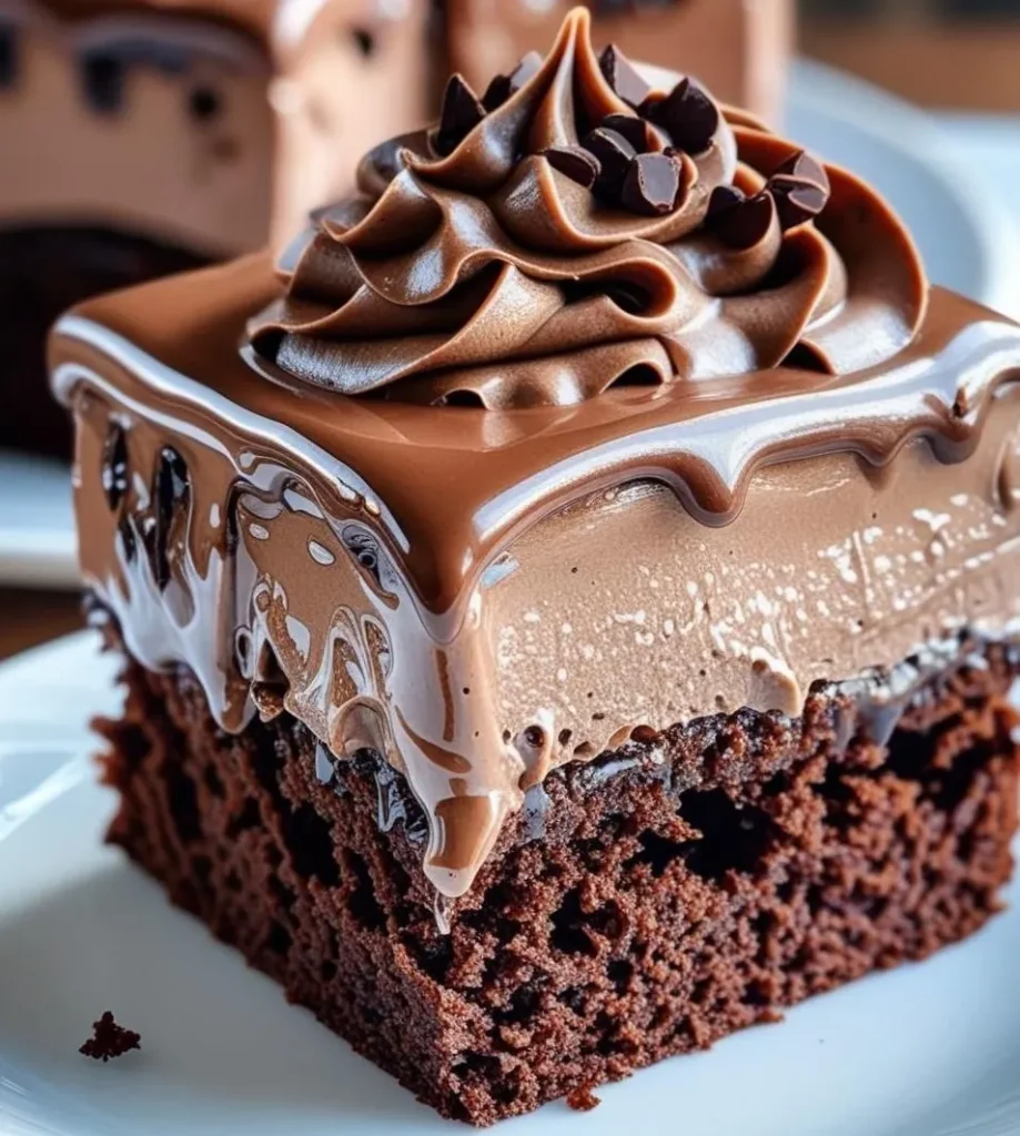 Espresso Infused Mocha Poke Cake topped with whipped cream and chocolate drizzle on a white plate