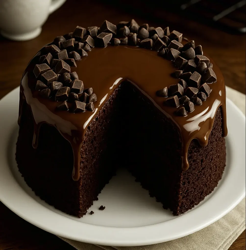 Gooey Fudge Chocolate Cake slice with rich chocolate drizzle, sliced on a white plate, surrounded by cocoa powder.