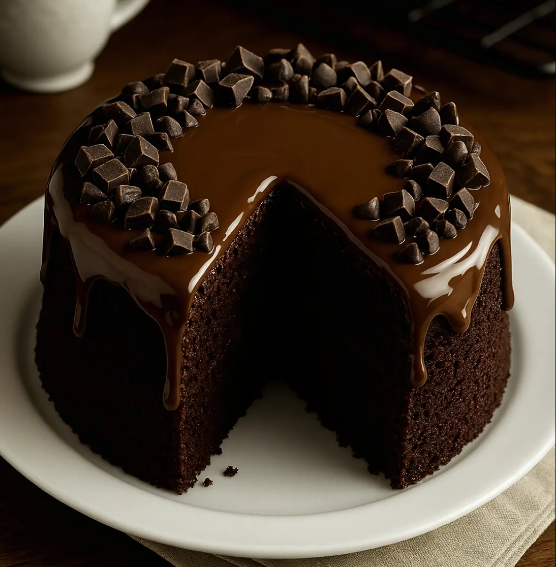 Gooey Fudge Chocolate Cake slice with rich chocolate drizzle, sliced on a white plate, surrounded by cocoa powder.
