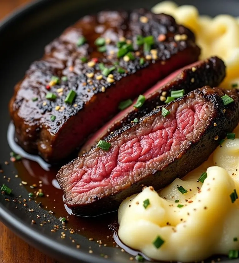 Juicy garlic butter steak served over creamy mashed potatoes with herbs