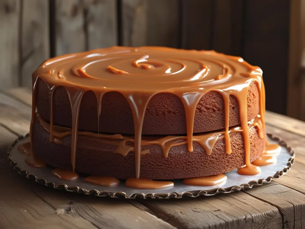 A two-layer butterscotch cake frosted with glossy butterscotch icing and topped with chopped pecans