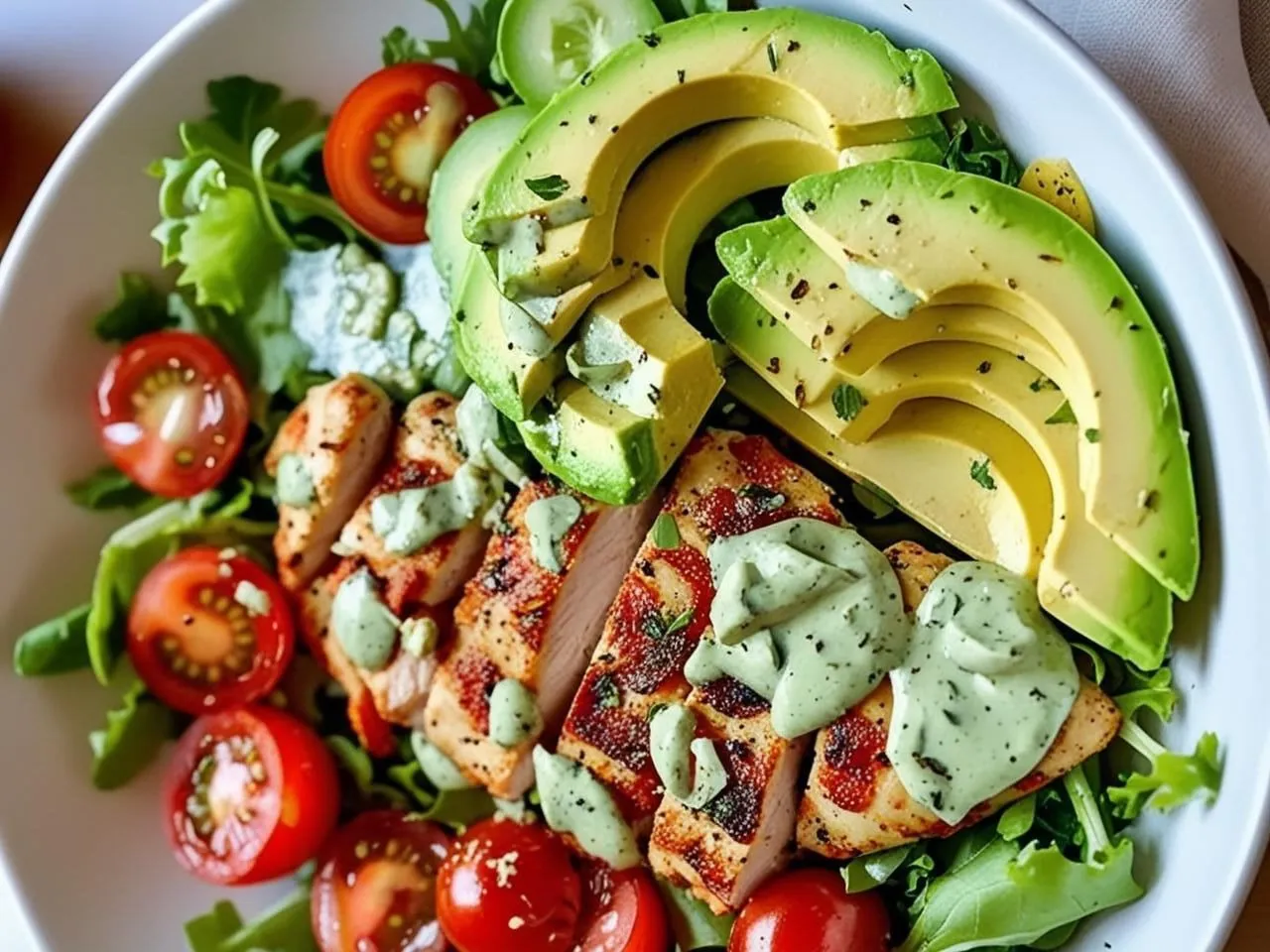 Flat lay of ingredients for Grilled Chicken & Avocado Salad Bowl: raw chicken breasts, sliced avocado, mixed greens, cherry tomatoes, red onion, crumbled feta, and pepitas on a wooden board