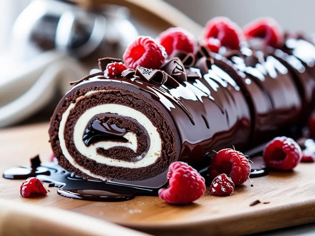 Mary Berry's chocolate roulade slice with fluffy whipped cream filling, dusted with cocoa on a rustic wooden board.