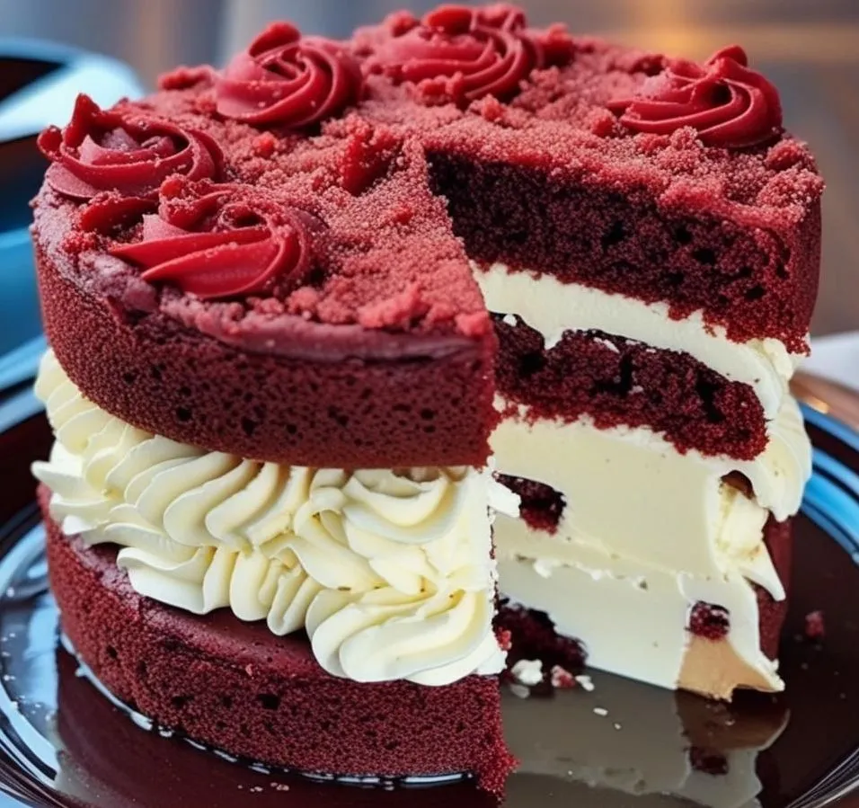 Three-layer Red Velvet Cake with cream cheese frosting and fresh raspberries on top, sliced on a white cake stand.