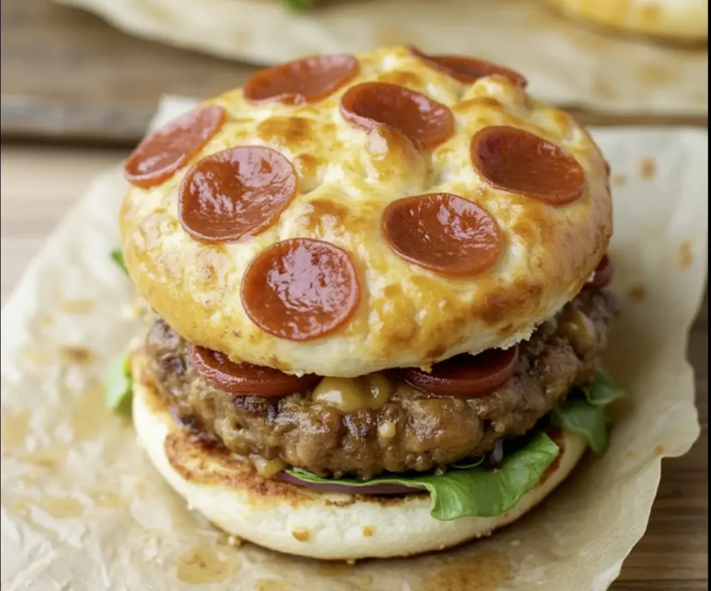 Pepperoni Pizza Burger with melted mozzarella, crispy pepperoni, marinara sauce, and beef patty on a toasted bun.