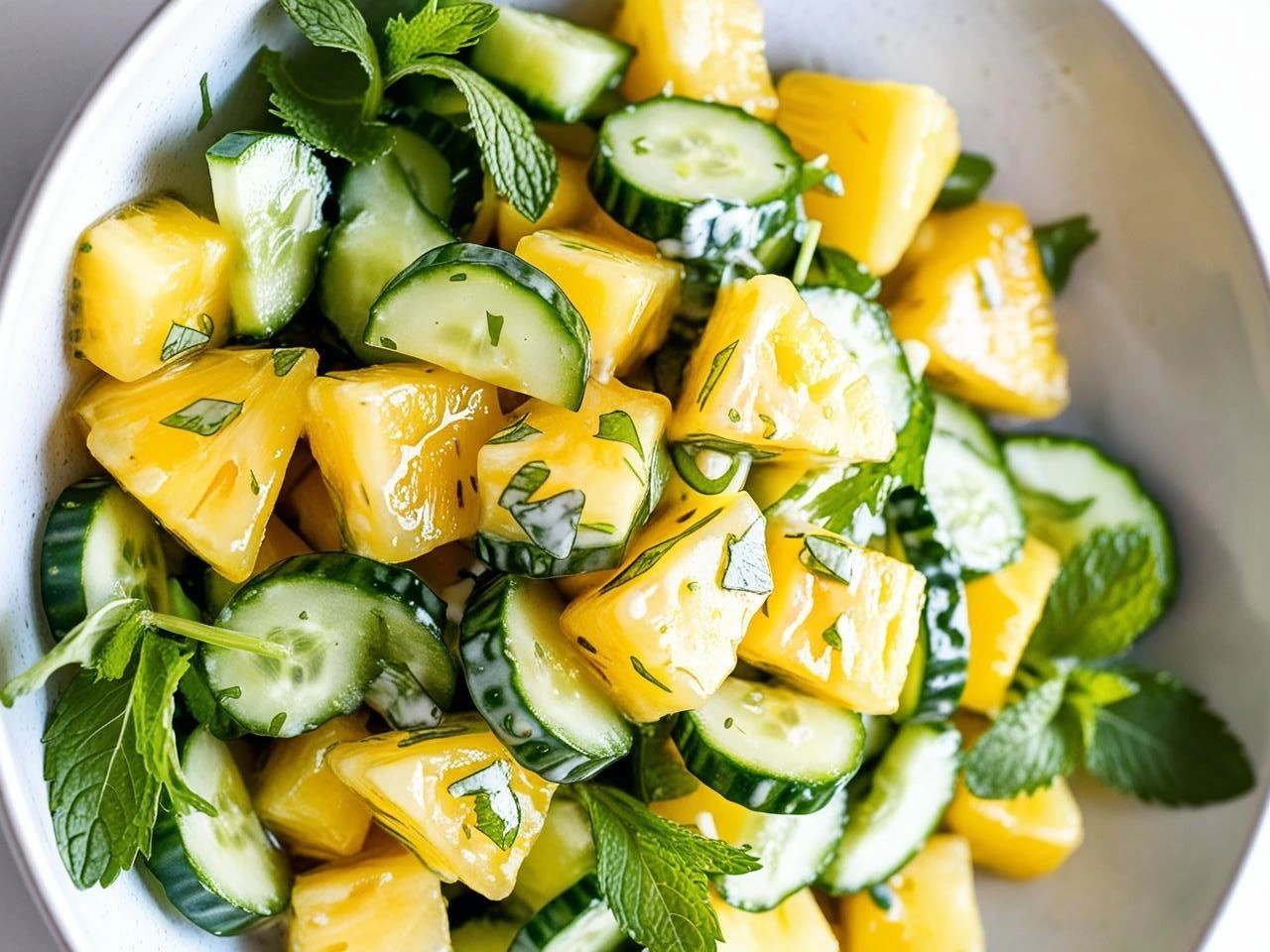 Fresh pineapple cucumber salad served in a clear bowl with vibrant green cucumbers and juicy yellow pineapple chunks.