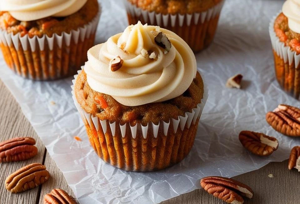 Freshly baked soft carrot cupcakes topped with cream cheese frosting and shredded carrot on a wooden tray.