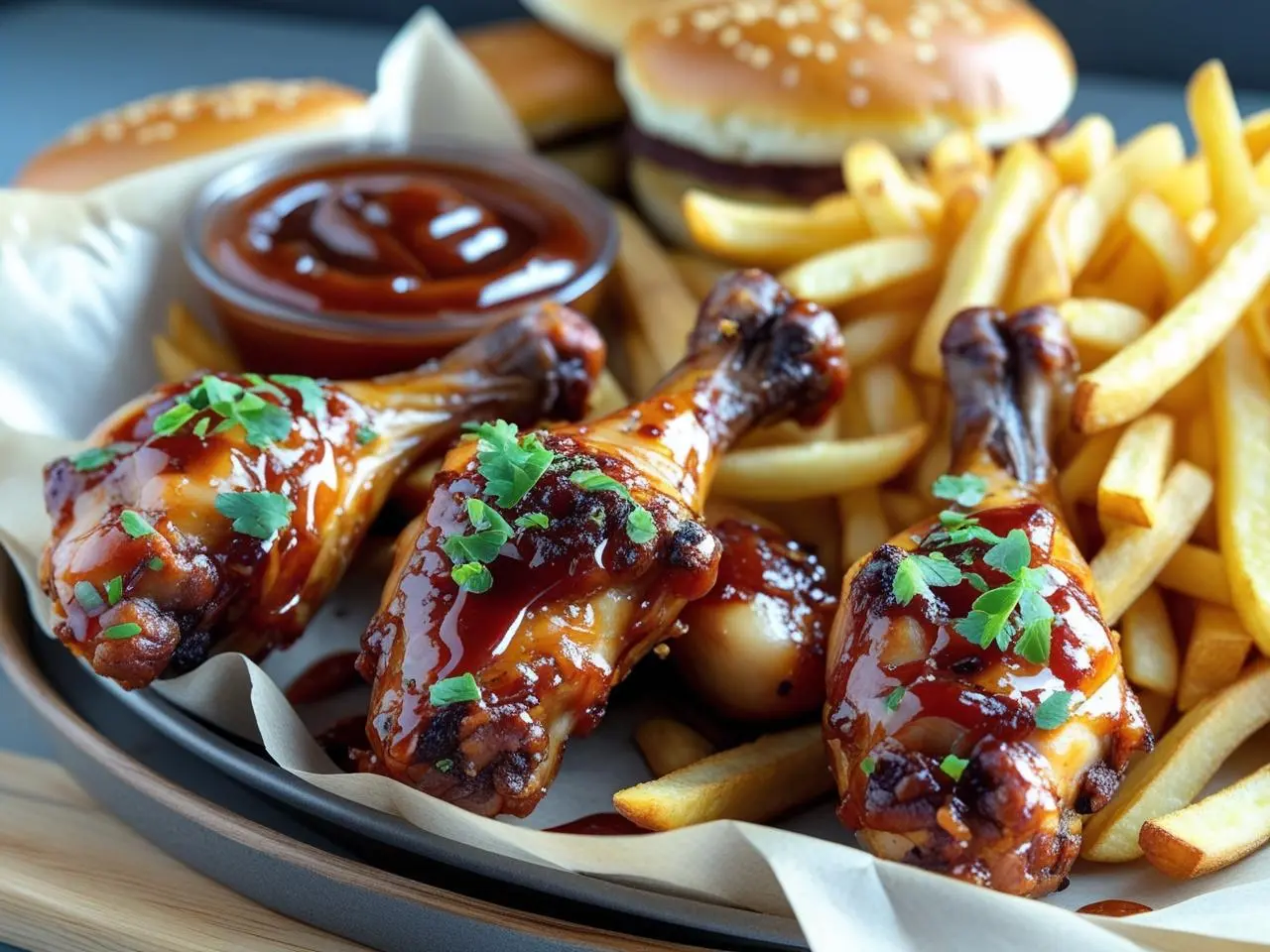 Juicy BBQ Chicken Drumsticks glazed with sticky barbecue sauce, garnished with fresh parsley on a white plate.