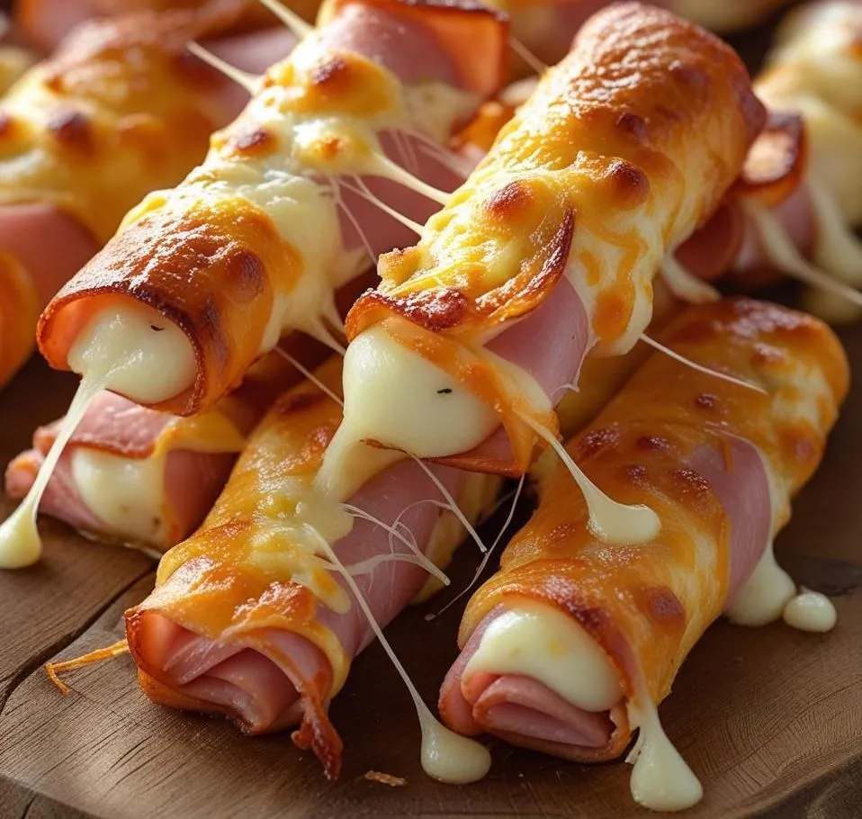 Crispy baked ham and cheese mozzarella sticks on a white plate with marinara sauce
