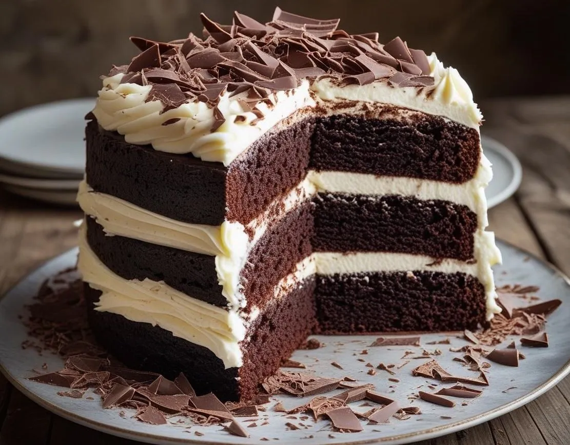 Slice of rich Chocolate Moist Cake with glossy frosting on a white plate