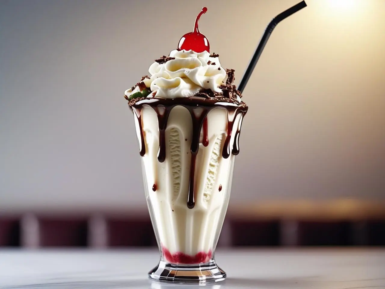 Banana Split Milkshake topped with whipped cream, chocolate syrup, sprinkles, and a cherry