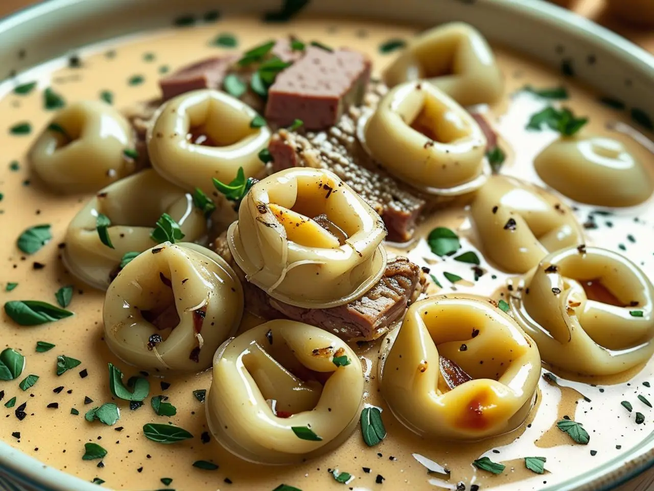 Cheesesteak Tortellini served in a skillet with melted cheese, peppers, and shaved steak