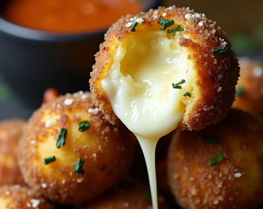 Golden brown fried cheese bites stacked on a plate, served with marinara dipping sauce.