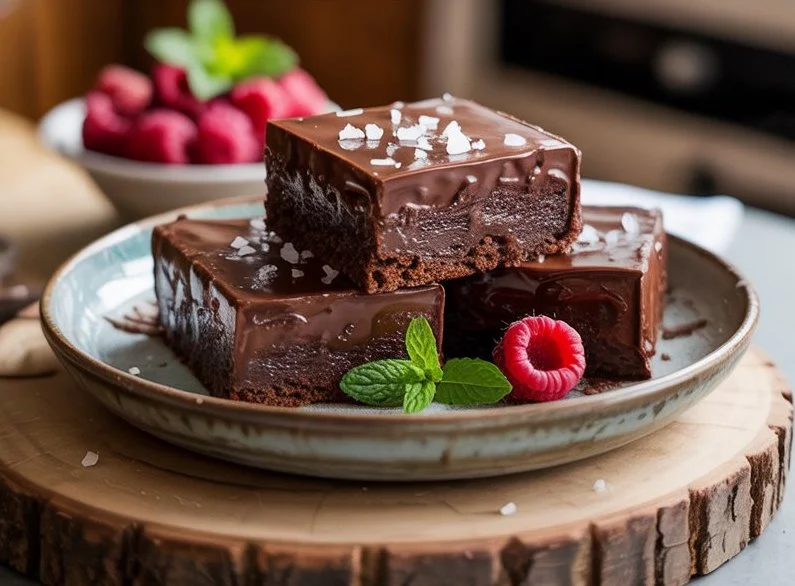 Chocolate Mousse Brownies with rich creamy mousse topping on a rustic wooden board