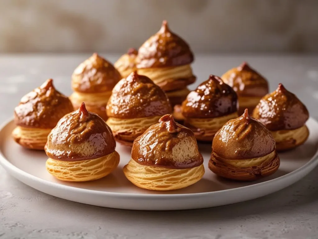 Golden Hazelnut Praline Profiteroles filled with cream and topped with crunchy caramelized hazelnuts